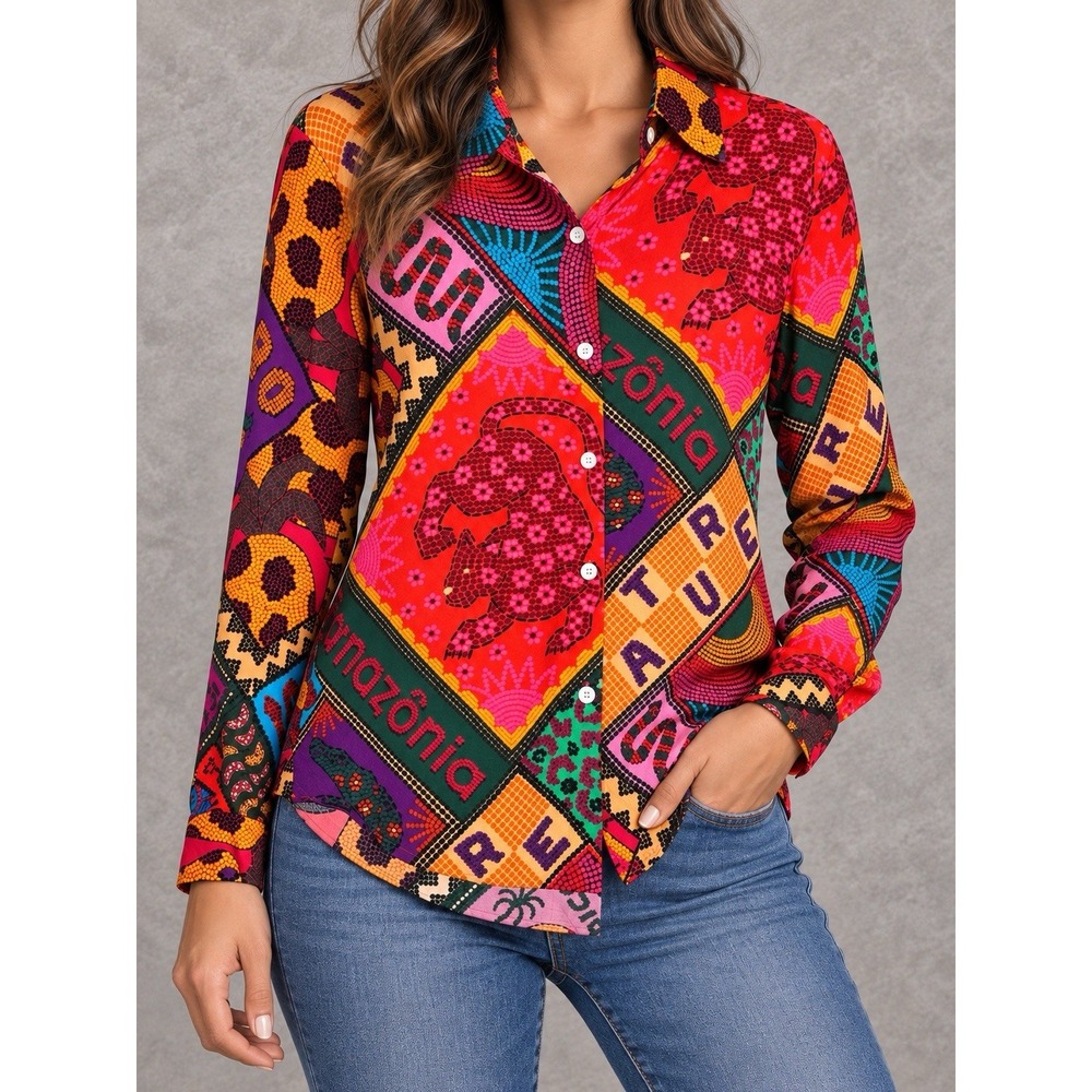 Farm Rio Dotted Patch Scarf Shirt Womens Small Multicolor Tropical Button Down